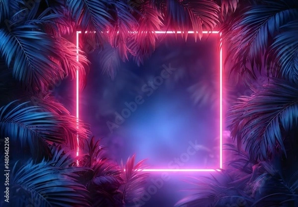 Fototapeta 3D render of a neon light square frame on a dark background with palm leaves, a tropical nature