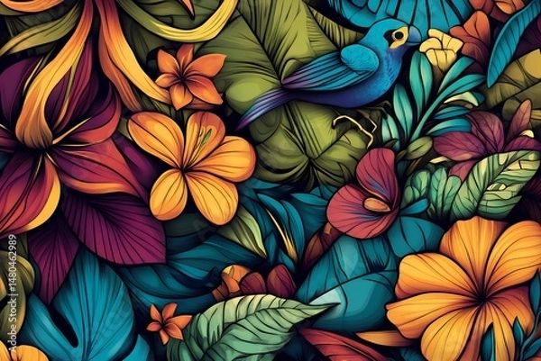 Fototapeta Vibrant seamless pattern featuring colorful tropical flowers, leaves, and a blue bird, creating a lush, exotic, and lively design. Great for backgrounds and textiles.