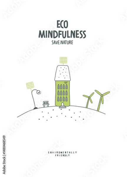 Obraz Vector cartoon sketch of wind turbines and green house. Environmentally friendly planet concept. Zero waste Concept. Think Green.	