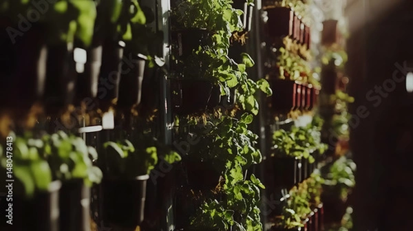 Obraz Lush green plants growing in pots along a sunlit wall, showcasing a vibrant indoor garden scene with warm lighting