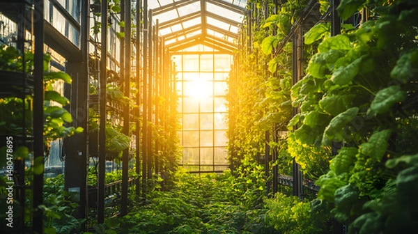 Obraz Lush greenhouse filled with vibrant plants, sunlight streaming through glass, creating a serene atmosphere for growth