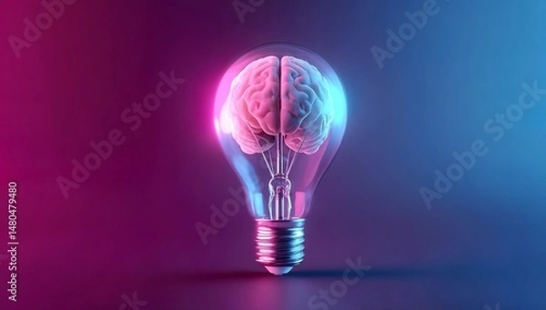 Fototapeta A light bulb with the shape of a human brain inside, set against a neon pink and blue gradient