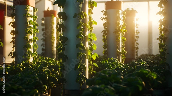 Obraz Lush vertical garden in a greenhouse showcasing thriving plants under warm sunlight, highlighting innovative urban farming techniques