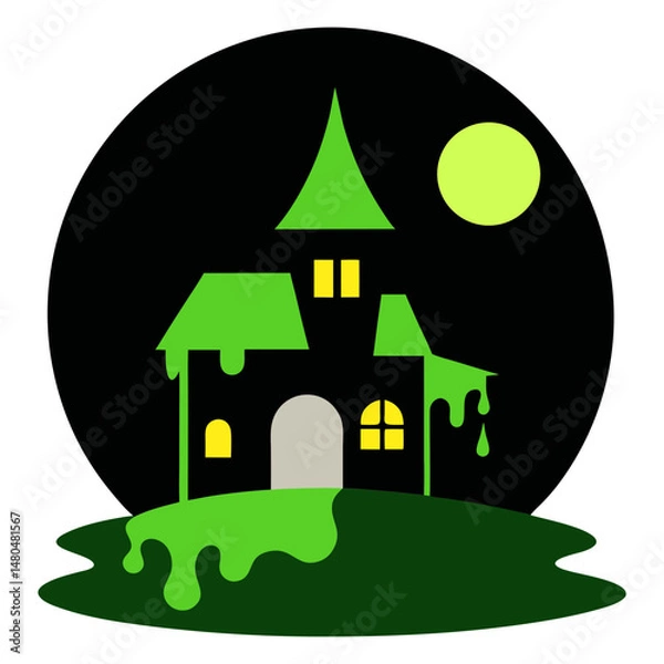 Fototapeta haunted house with moon slime in circle on white