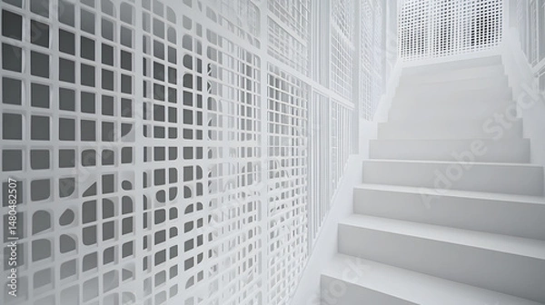 Obraz Modern architectural staircase with white lattice walls leading upwards, showcasing minimalist design and airy ambiance