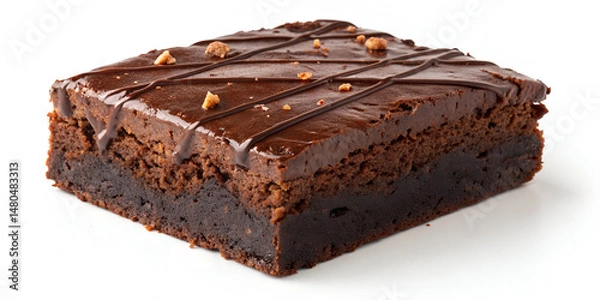 Fototapeta Delicious piece of rich chocolate brownie cake with a moist texture, isolated on a clean white background, ideal for food photography, dessert menus, packaging, and culinary design projects