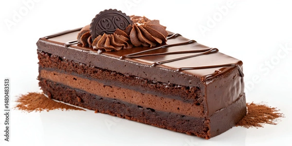 Fototapeta Delicious piece of rich chocolate brownie cake with a moist texture, isolated on a clean white background, ideal for food photography, dessert menus, packaging, and culinary design projects