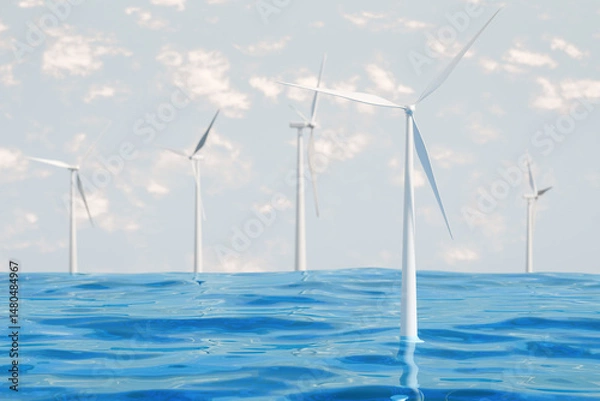 Fototapeta Offshore wind turbines generating renewable energy in the ocean, highlighting sustainable development and clean energy efforts. 3d rendering
