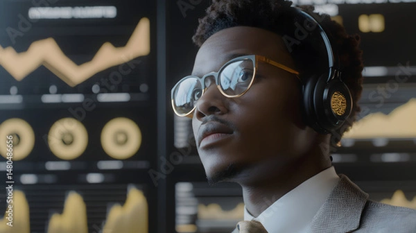 Obraz Professional man in glasses and headphones analyzing data on a digital screen in a modern office environment