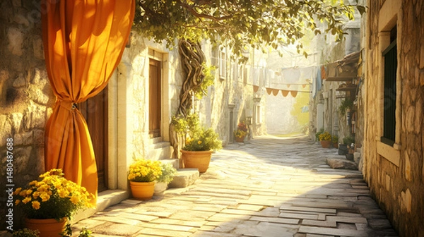 Obraz Serene cobblestone street lined with vibrant flower pots, bathed in golden sunlight, with draping curtains and festive decorations