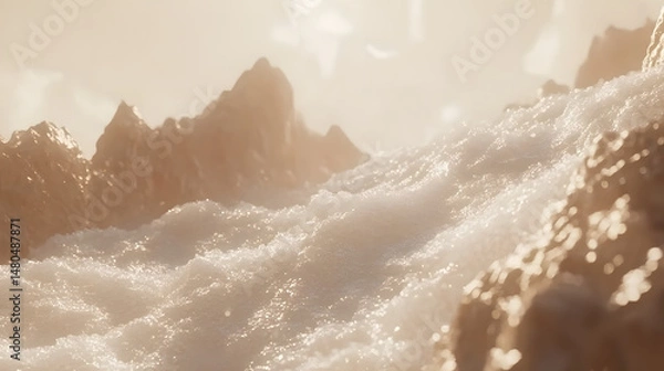 Obraz Serene landscape of shimmering waves cascading over rocky formations, bathed in soft golden light, evoking tranquility