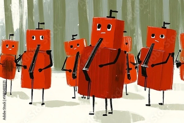Fototapeta Marching band of peculiar red robots