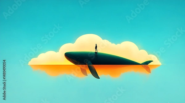 Fototapeta Pixel Art Whale on a Sunset Cloud