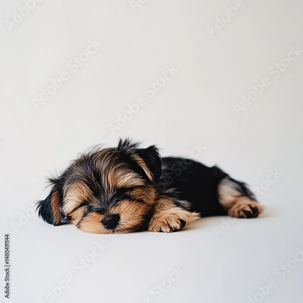 Fototapeta Yorkshire Terrier Puppy Lying Down, Isolated on White Background