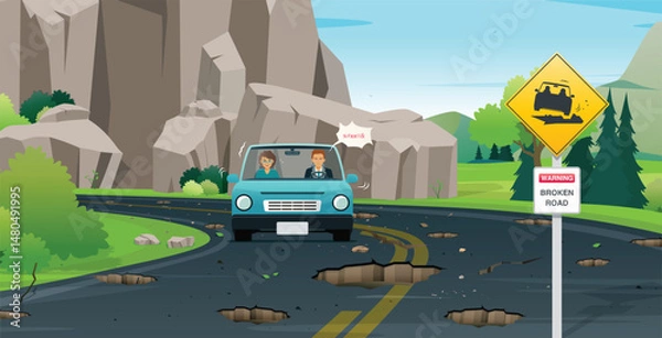 Fototapeta A driver is upset because of potholes on the road surface.
