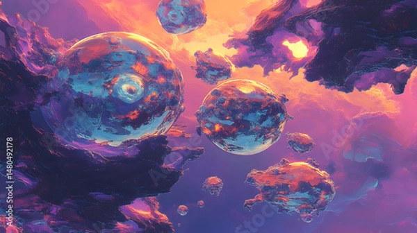 Obraz Surreal cosmic landscape featuring vibrant floating spheres amidst colorful clouds and a stunning sunset background