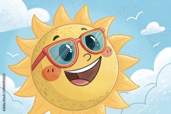 Fototapeta Smiling Summer Sun Wearing Stylish Sunglasses in Bright Sky Generative AI