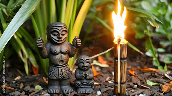 Obraz Two carved wooden figures stand amidst lush greenery, with a bamboo torch lit beside them, creating a serene outdoor ambiance