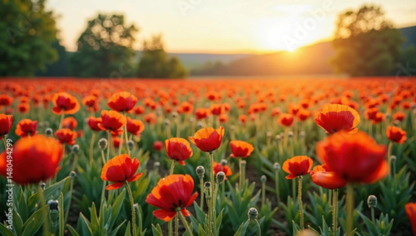 Fototapeta Vibrant field of red poppies stretches towards horizon under warm, golden sunset, creating serene and picturesque landscape. flowers sway gently in breeze