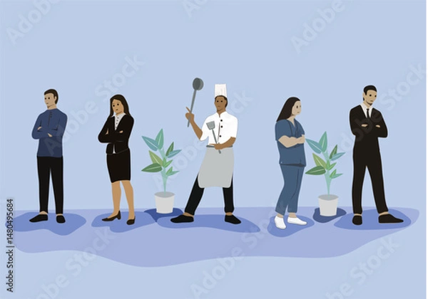 Fototapeta Vector illustration featuring diverse professions including business professionals in office meetings, doctors, nurses, chefs, and teachers. Scenes show different types of communication such as team d