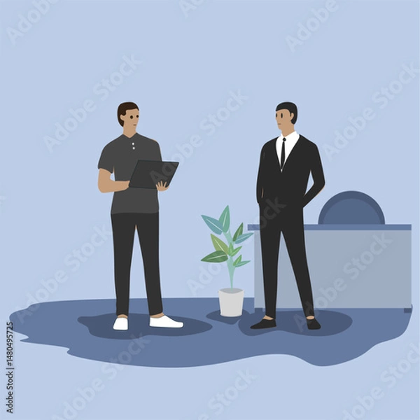 Fototapeta Vector illustration featuring diverse professions including business professionals in office meetings, doctors, nurses, chefs, and teachers. Scenes show different types of communication such as team d