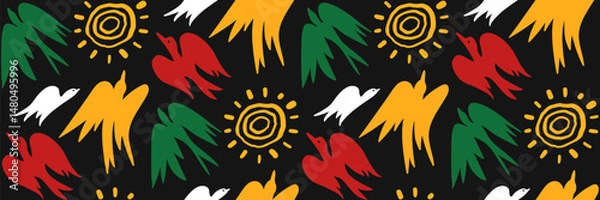 Fototapeta African geometric seamless pattern with hand drawn birds of freedom and sun. Abstract ethnic horizontal background. Juneteenth celebration background. Vector doodle illustration.