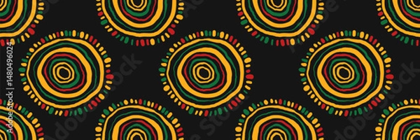 Fototapeta Abstract ethnic horizontal background with ornament. African geometric seamless pattern with hand drawn curved circles. Juneteenth celebration background. Vector doodle illustration.