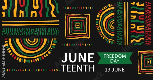 Fototapeta Juneteenth celebration horizontal banner template. Background with Abstract ethnic ornament. Curved stripes, circle, animalistic pattern. African-American Independence Day. Vector doodle illustration.