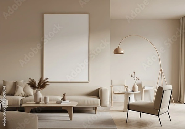 Fototapeta Neutral living room with sofa, blank canvas, and modern floor lamp