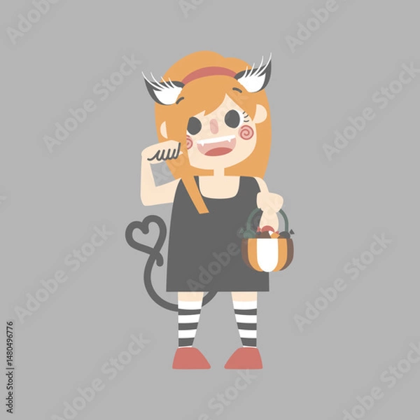 Fototapeta happy halloween holiday festival with girl wearing cat woman costume holding pumpkin and candy, flat vector illustration cartoon character design