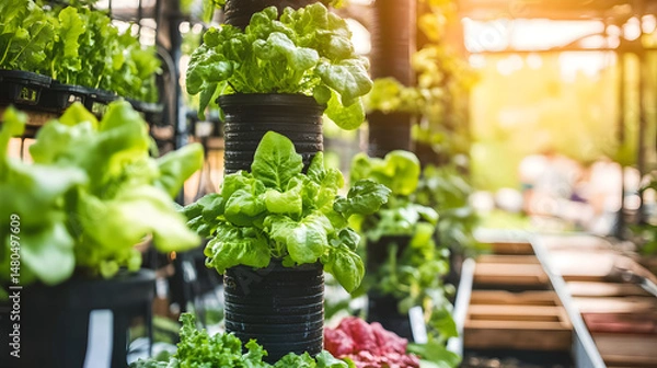 Obraz Vertical garden showcasing vibrant green lettuce and leafy vegetables in a sunny urban setting with blurred people in the background