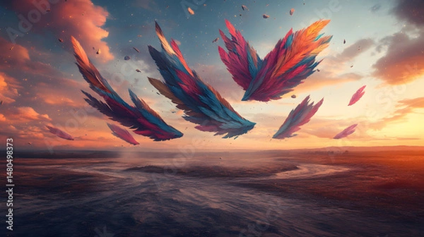 Obraz Vibrant abstract feathers floating above a serene river at sunset, creating a surreal and colorful landscape