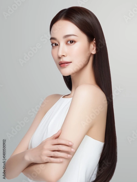 Fototapeta Portraits of a stylish woman with sleek long hair and flawless skin, posing confidently against colorful gradient backgrounds.Generative by AI
