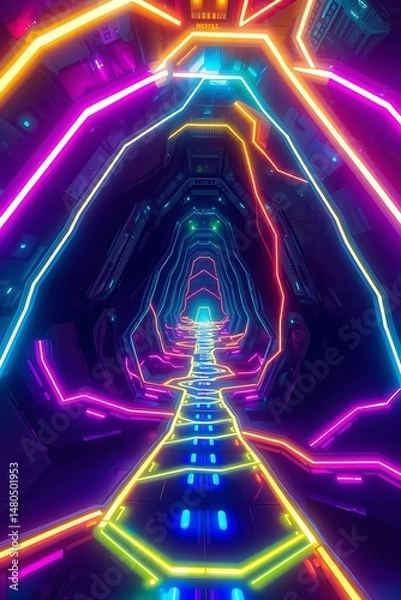 Fototapeta Neon Cyberpunk Futuristic Tunnel Abstract Space Portal