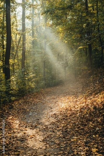 Fototapeta A path in the forest covered with fallen leaves, sunbeams streaming through the trees creating a warm and peaceful autumn scene Generative AI