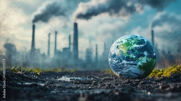 Fototapeta Earth globe on the polluted ground with factory smokestacks at the background. Environmental pollution ecology concept