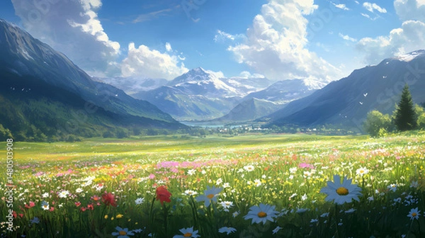 Obraz Vibrant meadow filled with colorful wildflowers under a clear blue sky, surrounded by majestic mountains and a serene valley