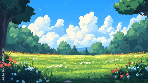 Obraz Vibrant meadow scene with blooming flowers under a clear blue sky, surrounded by lush trees and distant mountains