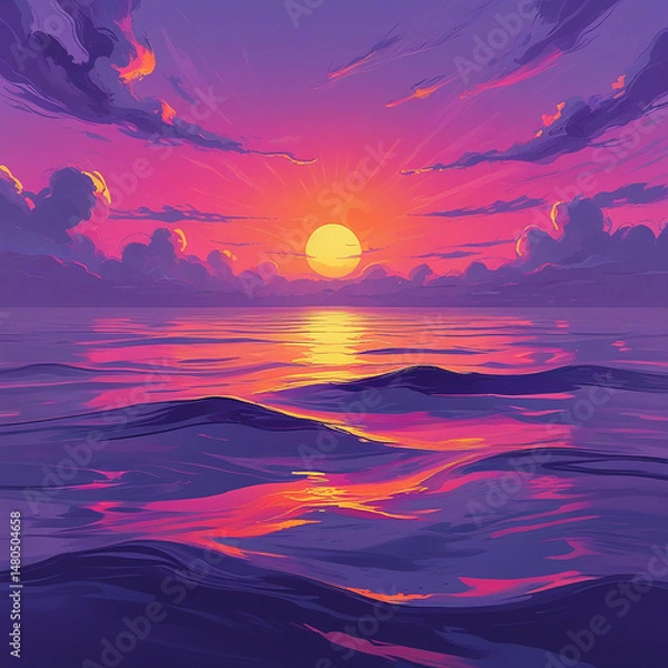 Fototapeta Vibrant Sunset Over Ocean – Impressionist Digital Art with Bold Colors & Serene Reflection