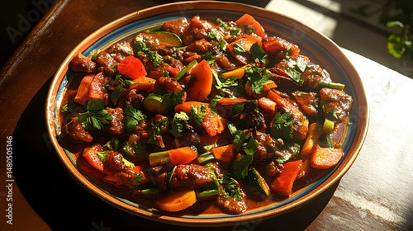 Obraz Vibrant plate of stir-fried vegetables and meat garnished with fresh herbs, set against a sunlit kitchen background