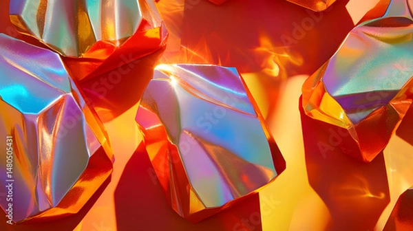 Obraz Vibrant, reflective crystals scattered across a fiery orange background, creating a mesmerizing and dynamic visual effect