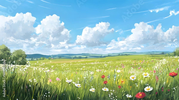 Obraz Vibrant spring meadow filled with colorful wildflowers under a bright blue sky, showcasing nature's beauty and tranquility