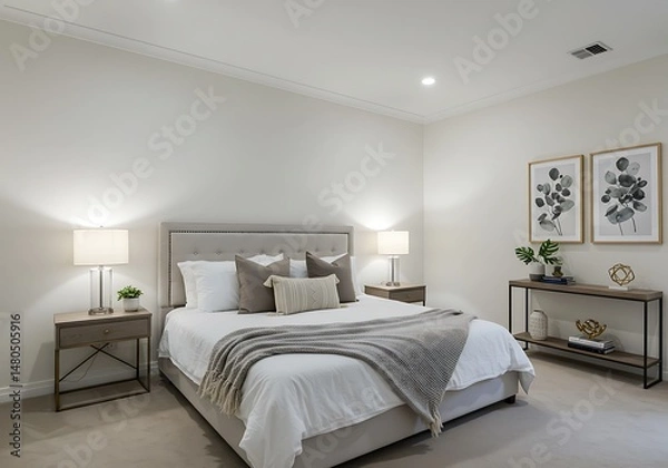 Obraz Bedroom interior with bed, side tables, lamps, console table and wall art
