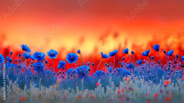Obraz Vibrant sunset over a field of colorful flowers, showcasing blue and red blooms against a dramatic sky