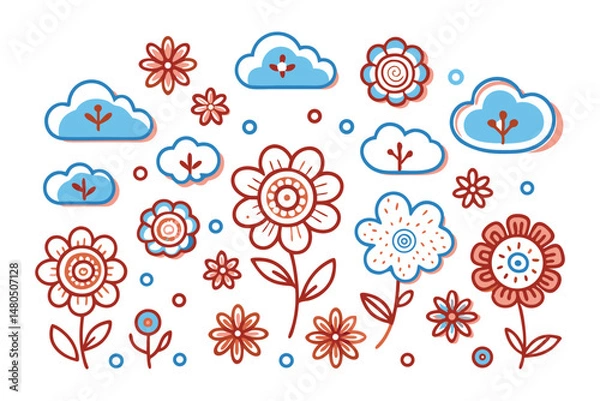 Fototapeta Rounded cloud-edged button-style flowers gently hovering with soft shadows