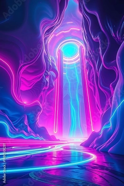 Fototapeta Neon Lighted Cave A Portal to Another World