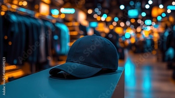 Fototapeta Dark blue baseball cap on display in clothing store