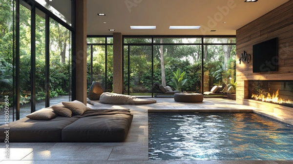 Obraz Luxurious indoor pool area with modern design, large glass windows overlooking lush greenery, cozy seating, and a warm fireplace, creating a relaxing retreat.  
