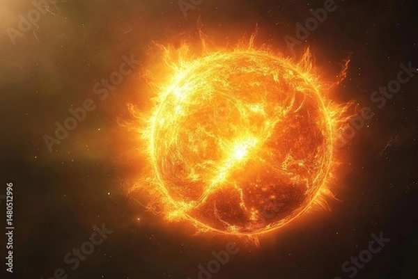Obraz Fiery celestial sphere, blazing with intense heat.  Glowing orb, surrounded by a vast dark expanse, punctuated by distant stars.  Surface is textured with fiery eruptions