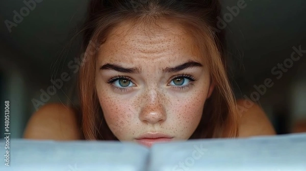 Fototapeta Close-up portrait of a young girl with freckles and intense blue eyes, looking thoughtfully at a book. Soft lighting and warm tones enhance the mood.